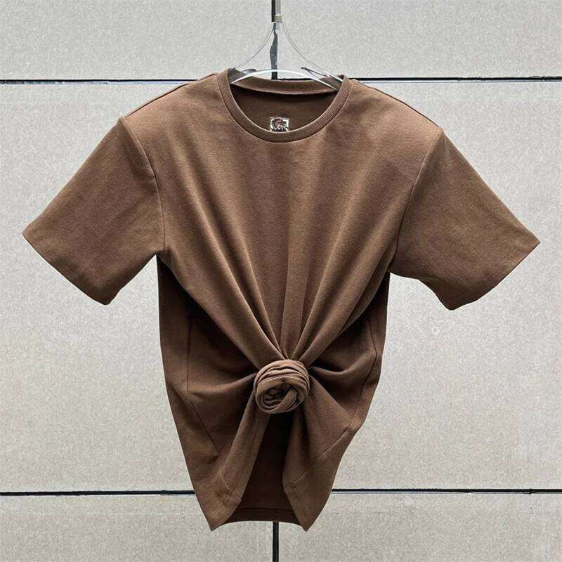 hoodie Women's T-Shirt Summer New Elastic Knitted Short Sleeved 3D Flower Decorated Round Neck Pullover Pure Cotton Crop Top jacket