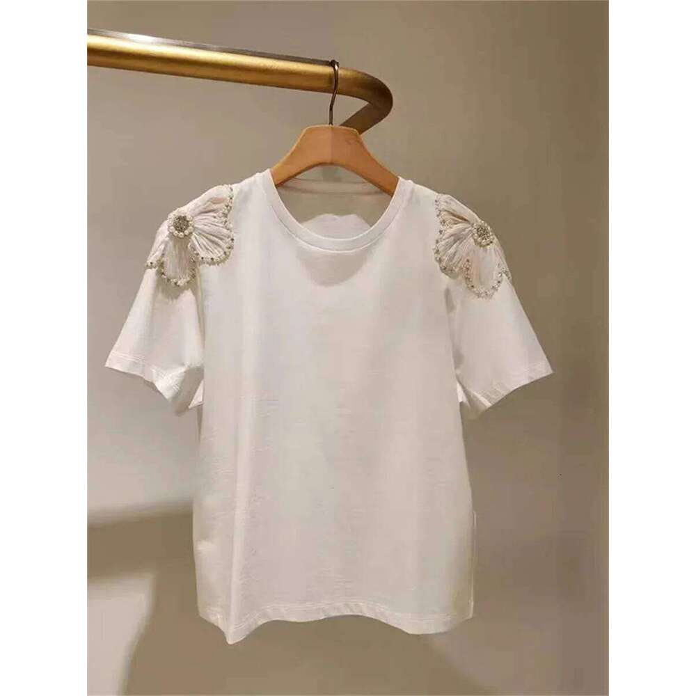 hoodie Shoulder Beading Flower Decoration Women's T- Shirts Summer Simple Lady Round Neck Short Sleeve Tee jacket