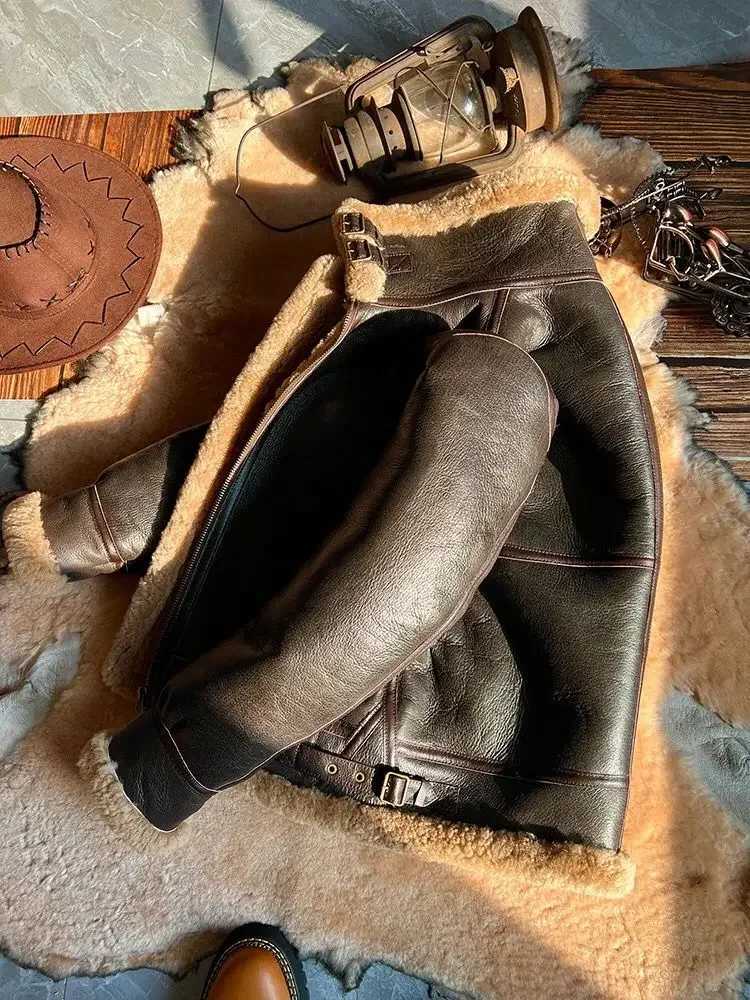 2024 New Fashion Mens Winter Coat Genuine Leather Natural Sheepskin Shearling Jacket Thick Wool Liner Brown Plus Size XXXXXXL XJ250818