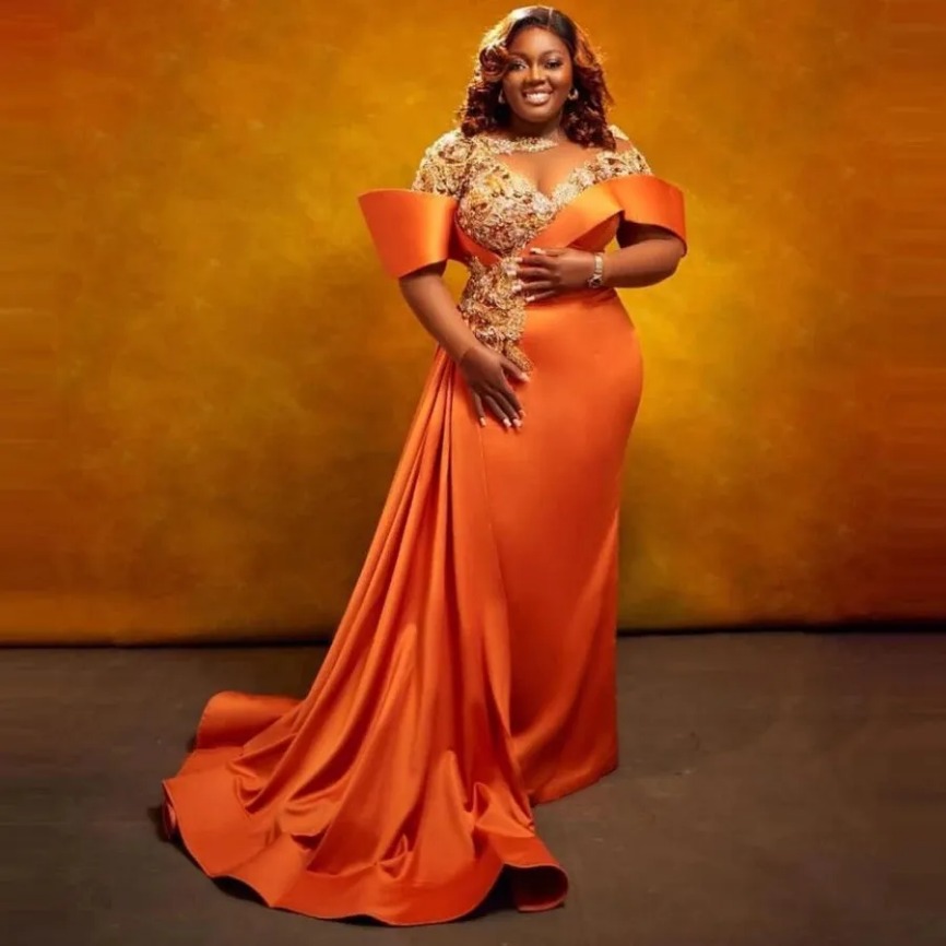 Orange Satin Plus Size Prom Dresses For African Black Women Sparkly Sequined Lace Sexy Hole Special Occasion Evening Gowns Formals Second Reception Dr