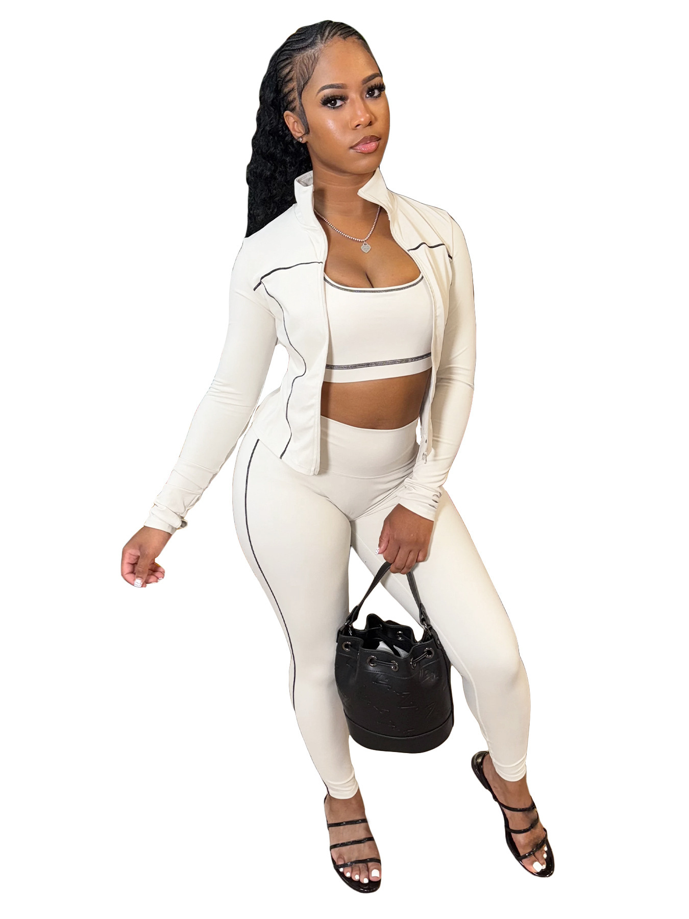 Women Tracksuits Three Pieces Set 2025 New Fashion Clothing Racerback Tank Zipper Thumb Buckle Long Sleeve Tight Pants Sportwear 6 Colours