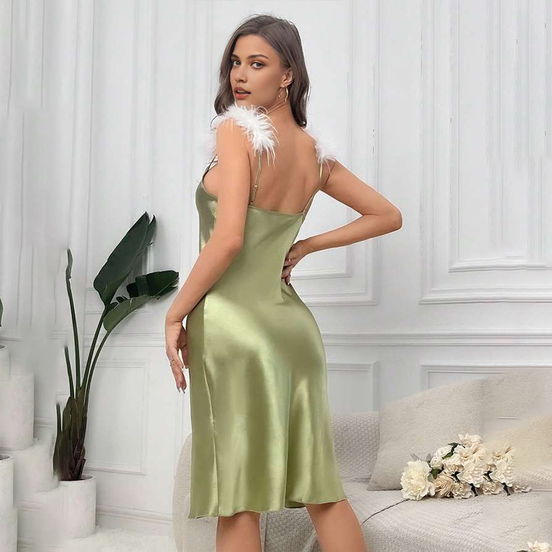 2025 Women's Spring/Summer Silk Satin Feather Patchwork Sexy Solid Color Strapless Nightgown Homewear