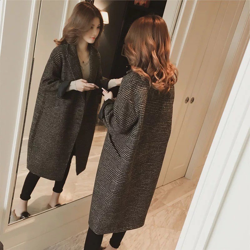 Women Oversize Long Wool Coat Plaid Loose Double Breasted Fashion Female Spring Autumn Outerwear Jackets Trench Coats WJ110 211118