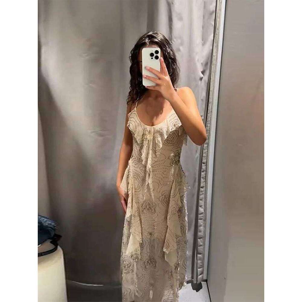 hoodie Snowflake Sequins Bead Ruffles Dress Women Sleeveless Backless Pleated Dia Dresses Evening Party Sexy V-Neck Summer Robe jacket