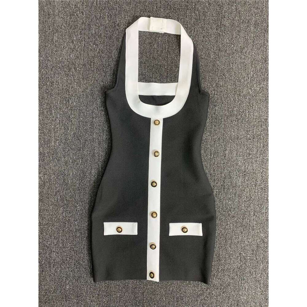 Women High Street Black White Bordure Single Breasted Halter Bodycon Mini Bandage Dress Soft And Comfortable Daily Dresses