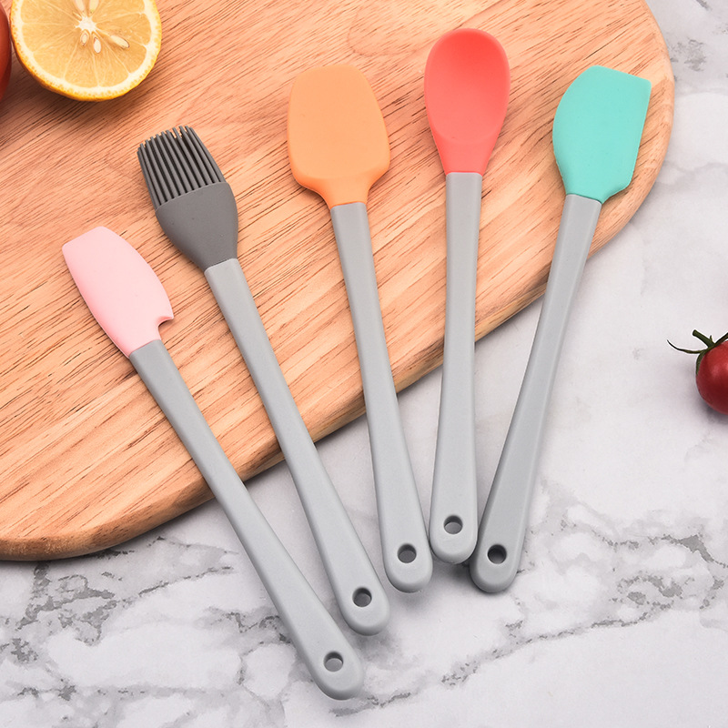 Mini Colorful Baking Tools Set with Silicone Handles - Children's Wood Spatulas & Oil Brush 5-Piece Silicone Toolset for Scraping, Spreading, Pai