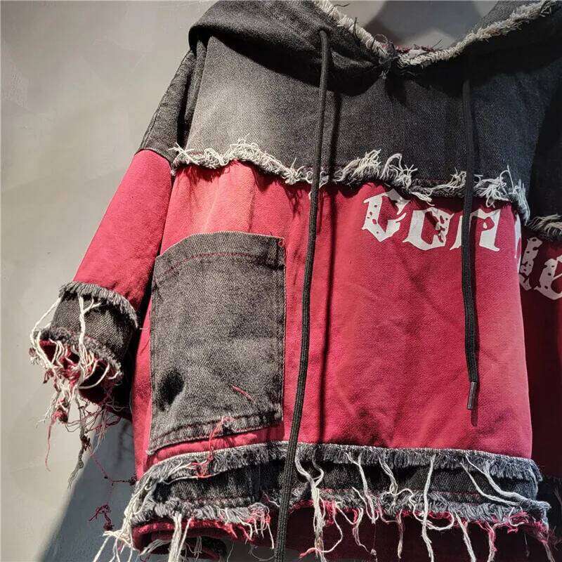 hoodie WTHT Vintage Women's Spliced Contrast Color Burr Edge Hooded Denim T-Shirt Fashion Short Sleeve Tops Female Summer 1Ls1574 jacket