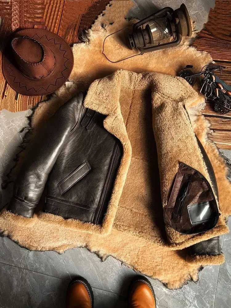 2024 New Fashion Mens Winter Coat Genuine Leather Natural Sheepskin Shearling Jacket Thick Wool Liner Brown Plus Size XXXXXXL XJ250818