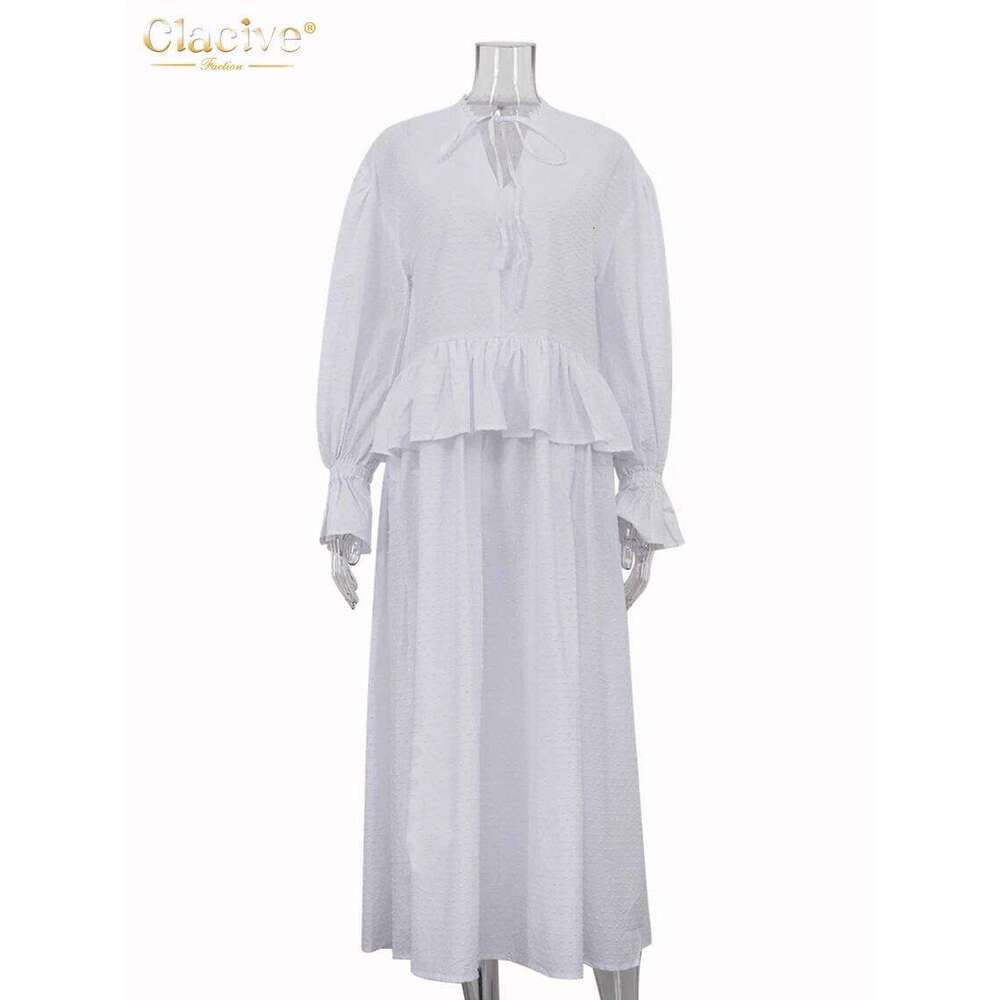 hoodie Clacive Fashion Loose White Cotton Women Casual Long Sleeve Ankle Length Dresses Elegant Classic Ruffle Female Dress jacket
