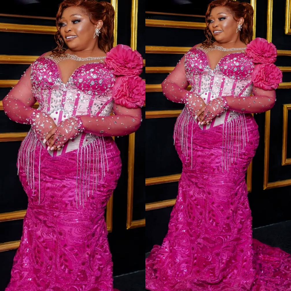 Aso Ebi Fuchsia Mermaid Prom Dresses 2025 Crystals Flowers Tassels Lace Evening Formal Party Second Birthday Engagement Gowns Plus Size Dress For Spec