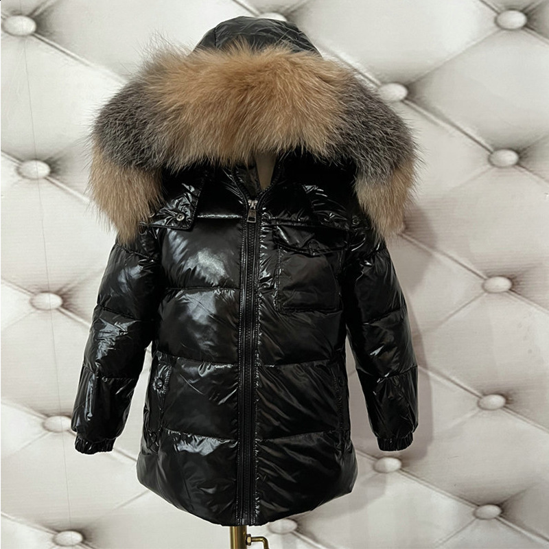 Childrens Winter Down Jacket Shiny Natural Fur Collar Childrens Boys Hooded Coat Baby Girls Warm Snow Clothes Childrens Park 241024