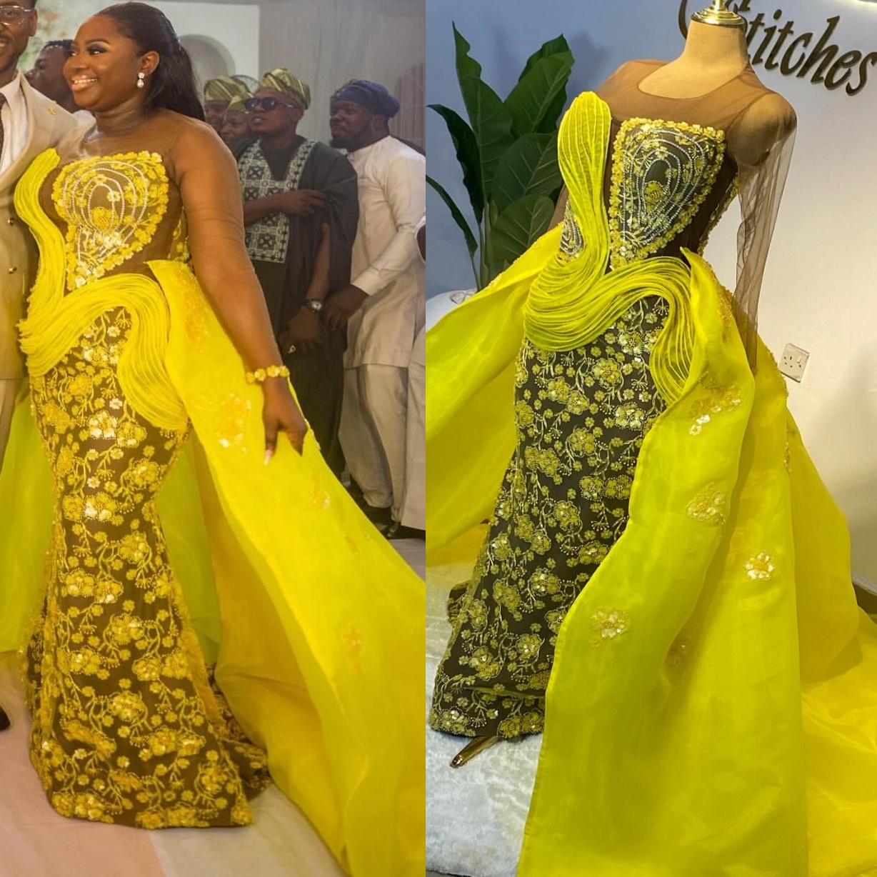 Aso Ebi Yellow Mermaid Prom Dresses 2025 Illusion Lace Detachable Train Evening Formal Party Second Birthday Engagement Gowns Plus Size Dress For Spec