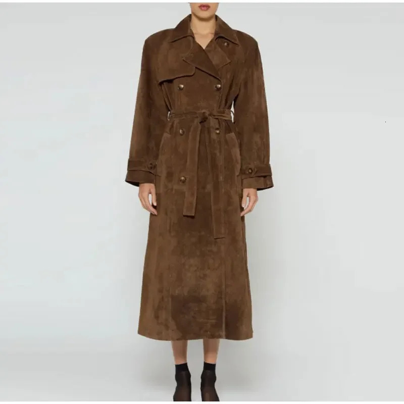 2025 Autumn Winter Elegant Suede Leather Belt Long Trench Brown Coat Fashion Warm Double Button Jacket High Quality Streetwear 250818
