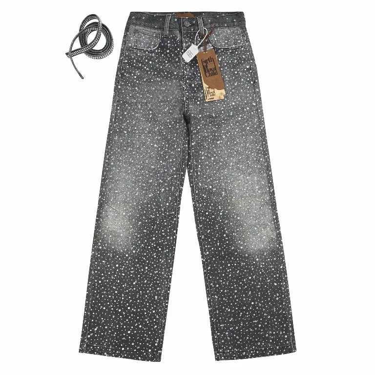 Streetwear Vintage Rhinestone Sequin Retro Black Jeans Y2K Clothes Men Women Gothic Baggy Jeans Casual Low Rise Wide Leg Trouser L250818