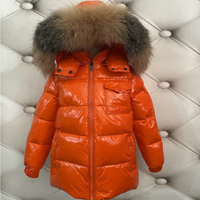 Childrens Winter Down Jacket Shiny Natural Fur Collar Childrens Boys Hooded Coat Baby Girls Warm Snow Clothes Childrens Park 241024