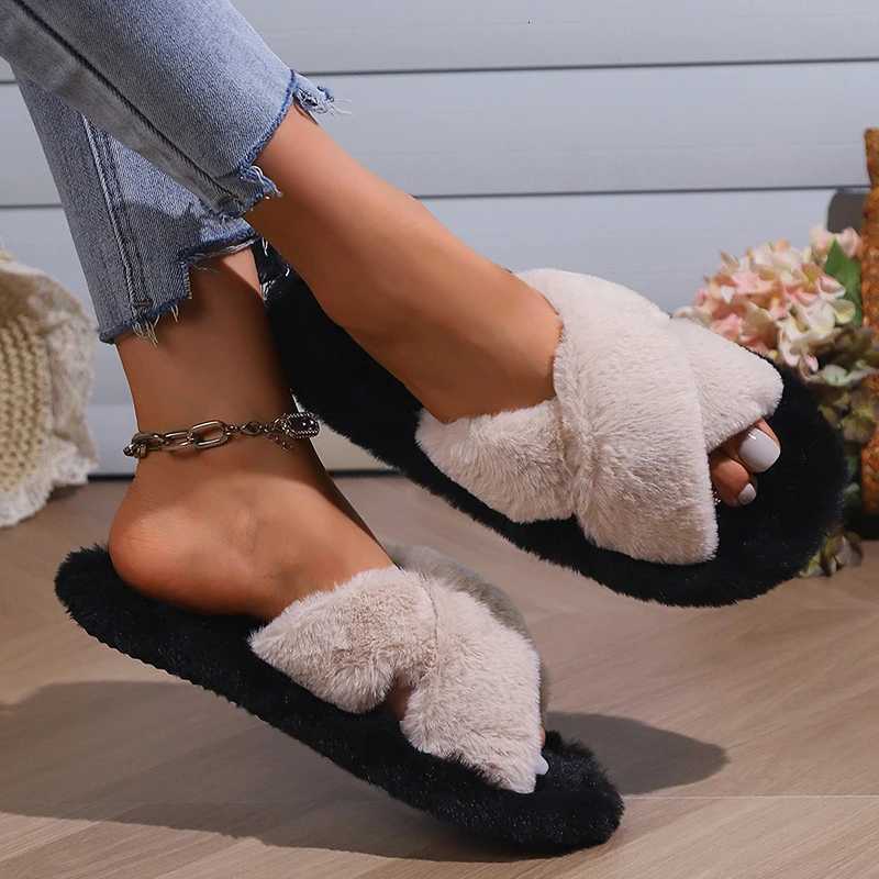 ioni Color Block Fur Fuzzy Cross Strap Open Toe Indoor Slides for Women Non Slip Warm Plush House Slippers Y250818