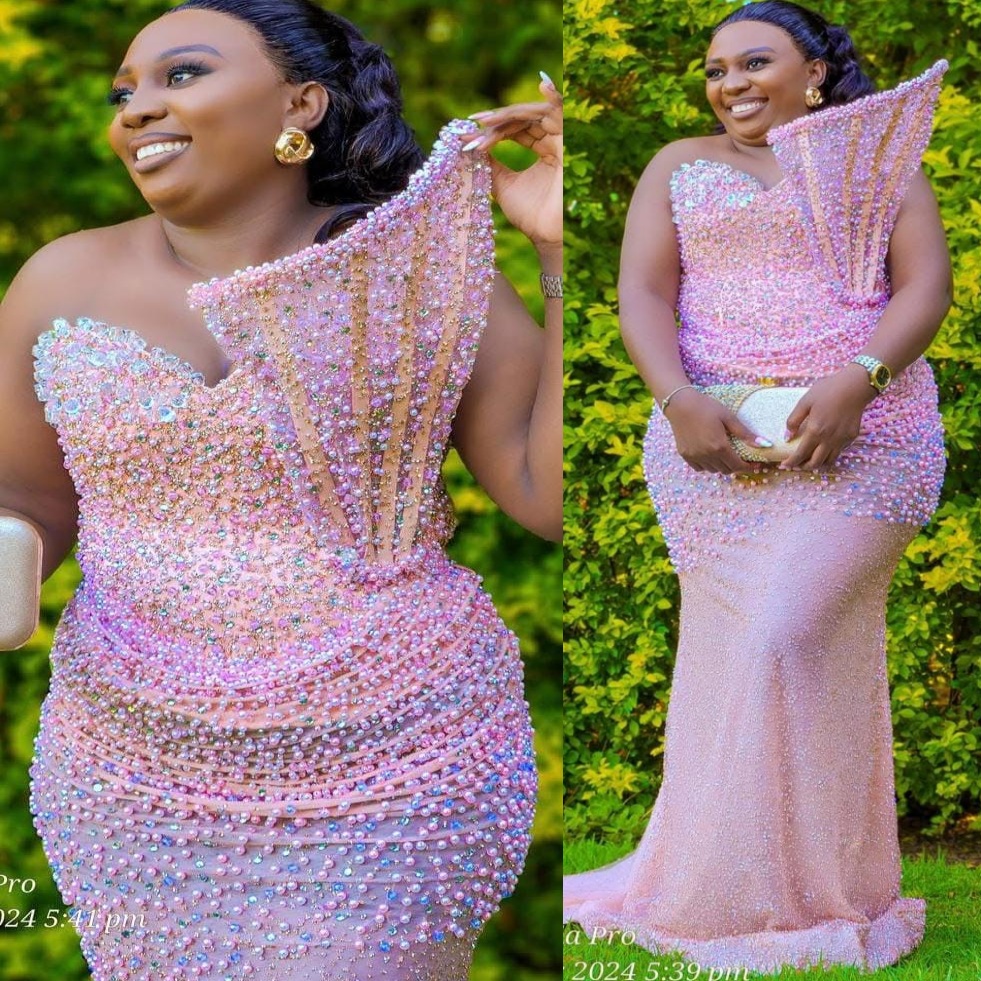 Aso Ebi Pink Mermaid Prom Dresses 2025 Pearls Crystals Stylish Sequined Evening Formal Party Second Birthday Engagement Gowns Plus Size Dress For Spec