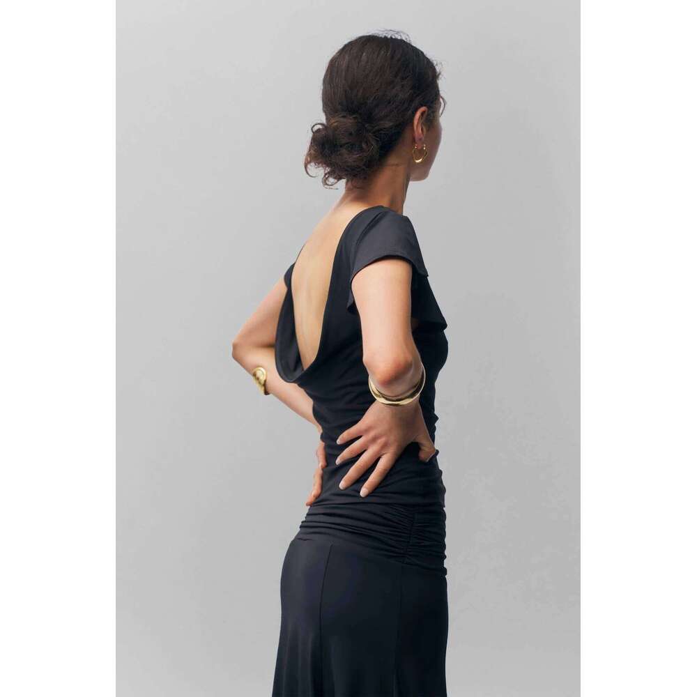 hoodie Guiz Black One-Line Collar Backless Top Slimming Look And Versatile Women's Summer Short-Sleeved Double Layer Will Not See Through jacket