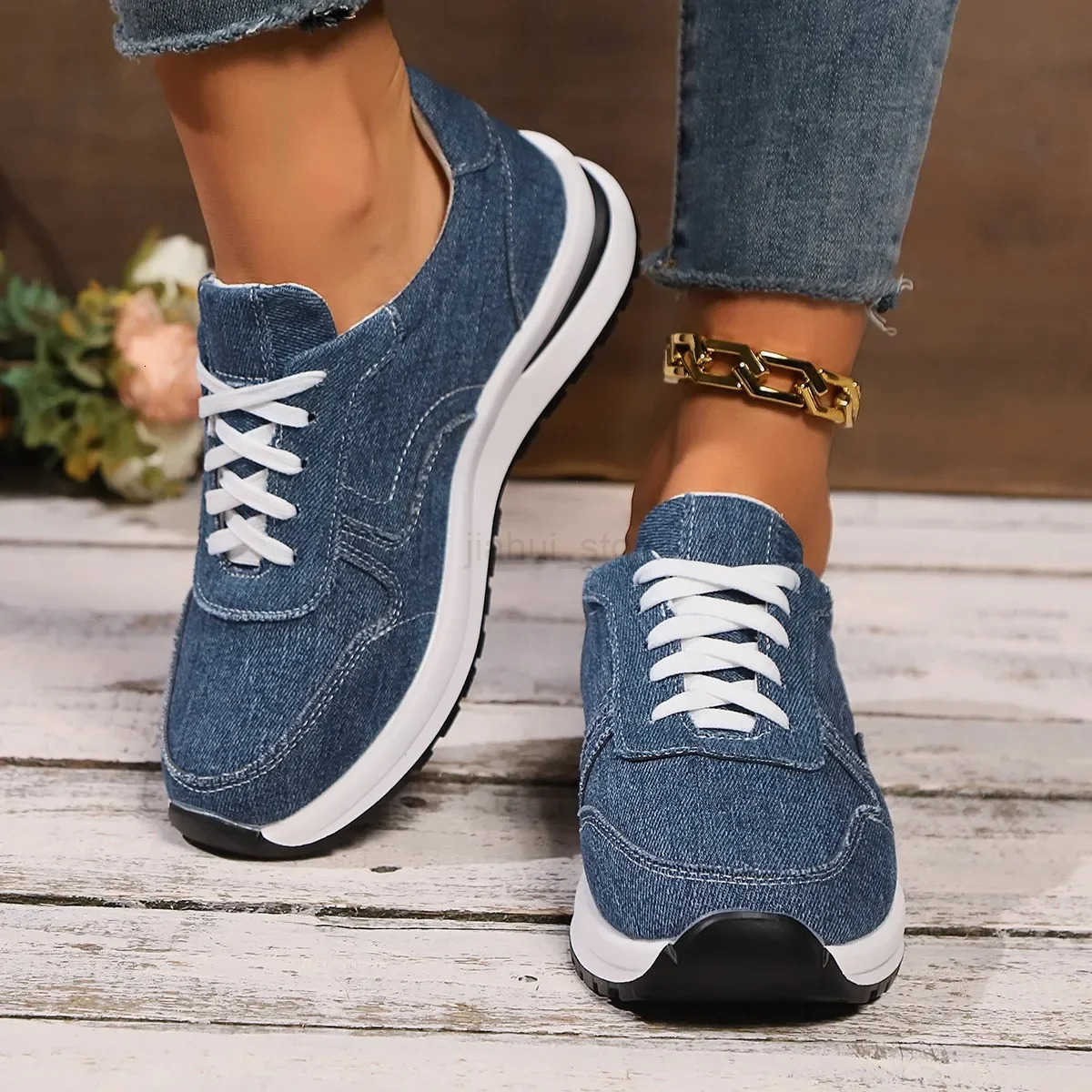 Blue Denim Platform Sneakers Women Fashion Thick Sole Lace Up Sports Shoes Woman Plus Size 43 Comfortable Casual Female Sneakers M250818