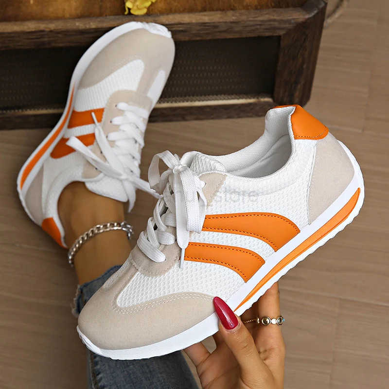 Womens Lightweight Fashion Sneakers Comfort Non Slip Casual Sports Shoes Woman Orange Striped Mesh Breathable Platform Sneakers M250818