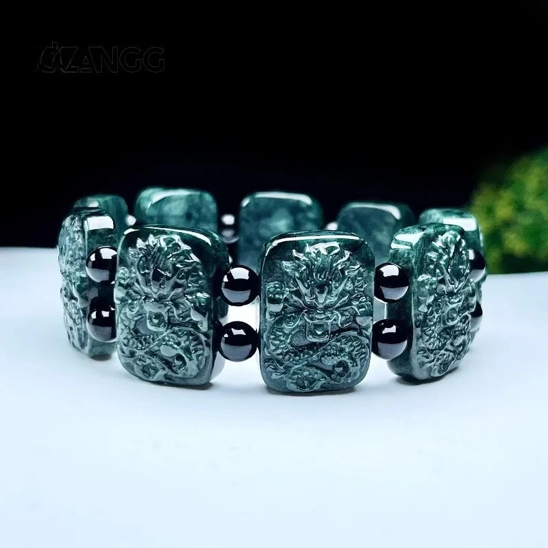 Hand Highgrade Natural Jade Kowloon Protector Carved Dark Green Dragon Powerful Mens Bracelet Lucky Amulet Gift 250801