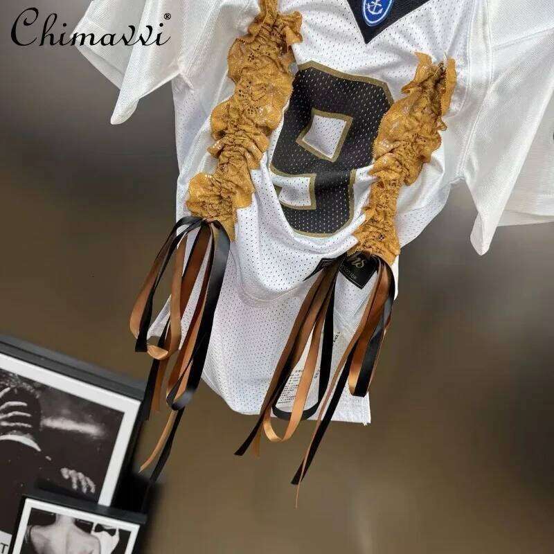 hoodie Summer Fashion V-Neck Mesh Ing Lace Drawstring Bow Short Sleeve Jersey T-Shirt For Women Cool Top Tees jacket