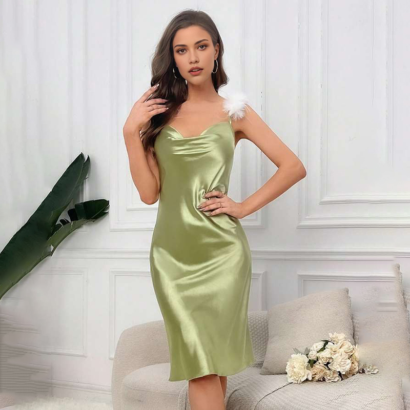 2025 Women's Spring/Summer Silk Satin Feather Patchwork Sexy Solid Color Strapless Nightgown Homewear