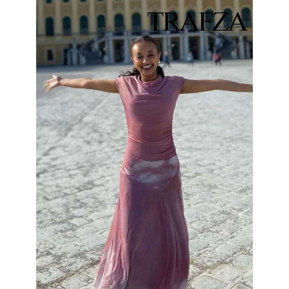 hoodie TRAFZA Women's New Fashion Slim A-Line Dresses Solid O-Neck Sleeveless Folds Female Summer Chic Beach Style Long Dress 3 Color jacket
