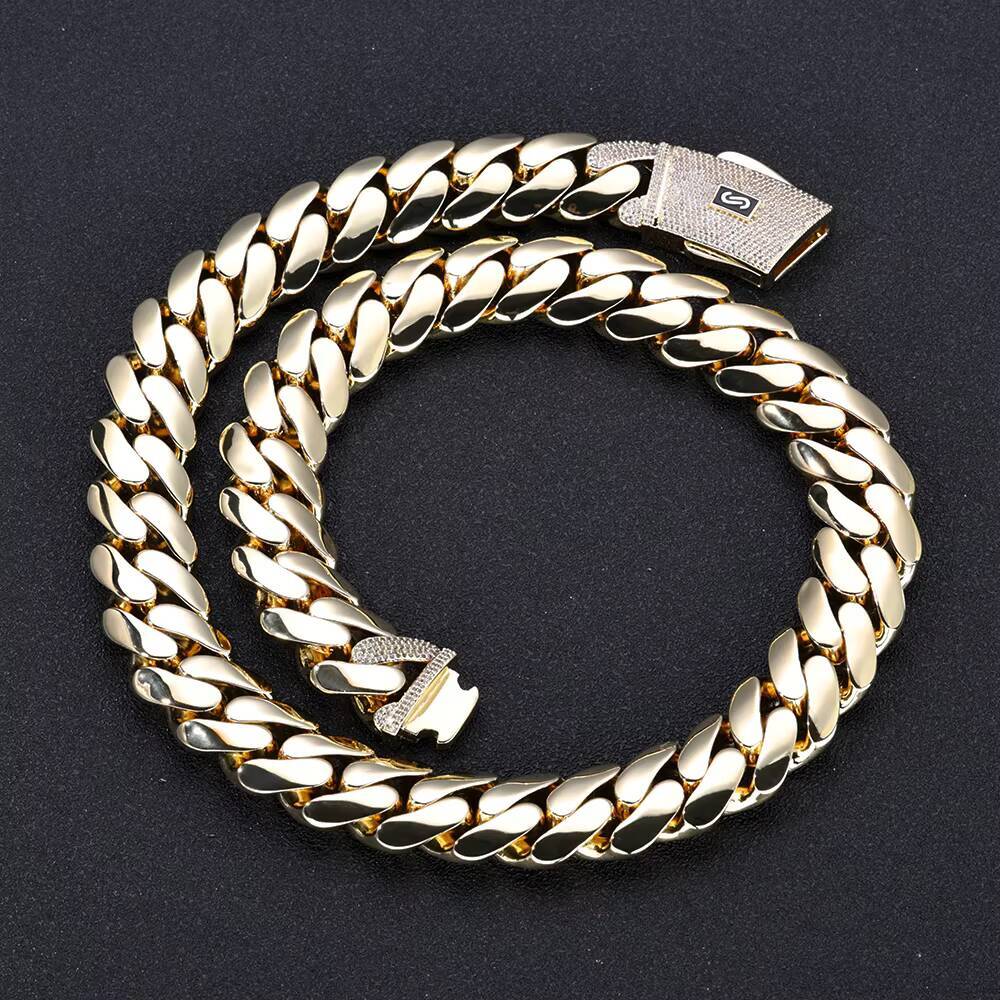 NUOYA Hiphop Jewelry Iced Out Diamond Clasp Flat Monaco Chain 14K Gold Plated Thick Cuban Link Chain Choker Necklace for Women