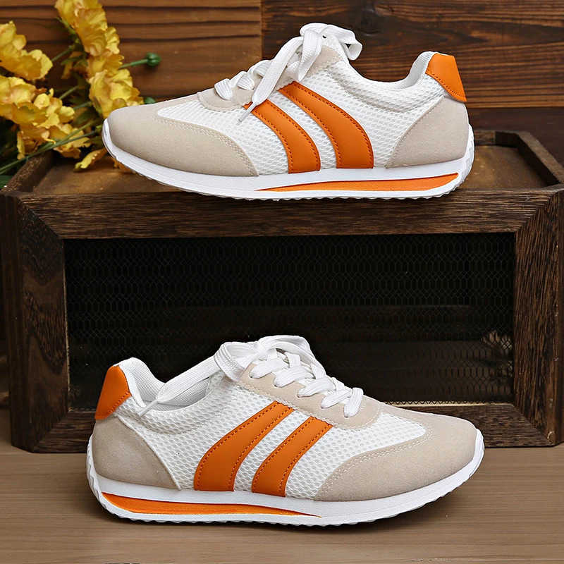 Womens Lightweight Fashion Sneakers Comfort Non Slip Casual Sports Shoes Woman Orange Striped Mesh Breathable Platform Sneakers M250818