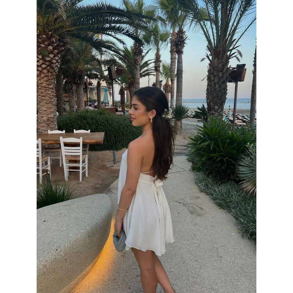 hoodie Sexy Hollow Halter Backless Mini Dress Women's Elegant Sleeveless Loose Solid Street Vestidos Female Beach Vacation Gowns jacket