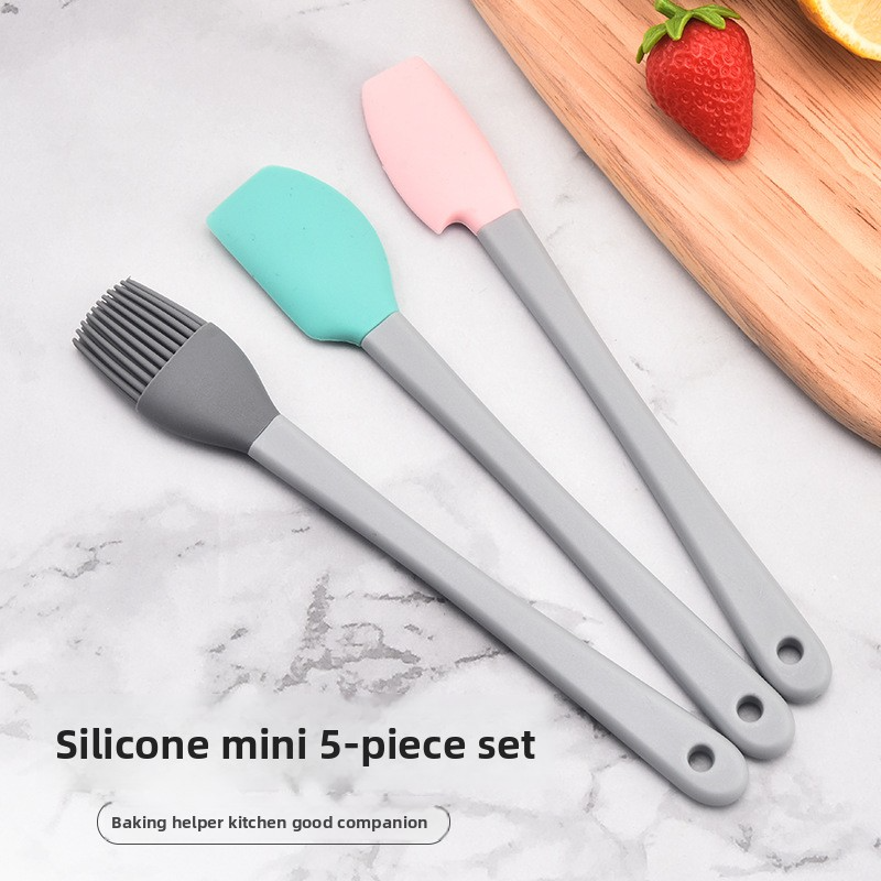 Mini Colorful Baking Tools Set with Silicone Handles - Children's Wood Spatulas & Oil Brush 5-Piece Silicone Toolset for Scraping, Spreading, Pai