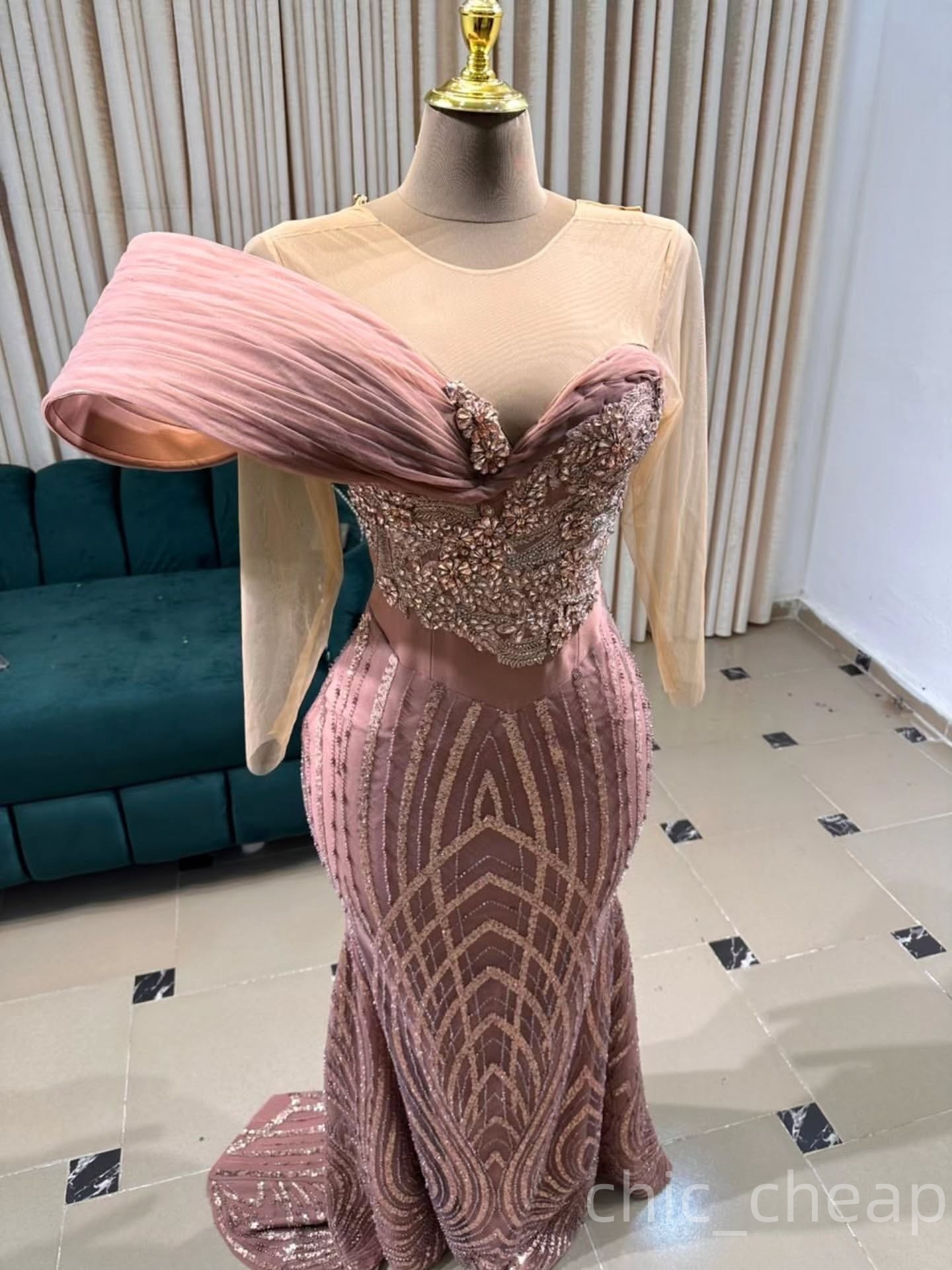 Mermaid Blush Pink Prom Dresses 2025 Crystals Sequined Full Sleeves Evening Formal Party Second Birthday Engagement Gowns Plus Size Dress For Special 