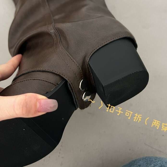 Pleated Slouchy Long for Women Western Chunky Heel Over-the-Knee Belt Buckle Tube Boots