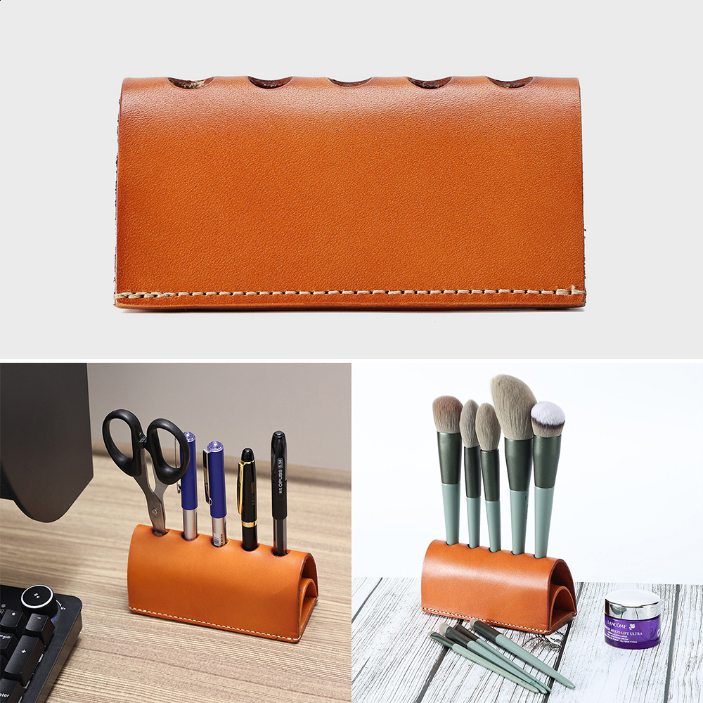 Handmade Genuine Leather Pen Holder Multifunctional Vegetable Tanned Leather Cowhide Pen Insert Storage Creative Office Ornament Makeup Brush 250818