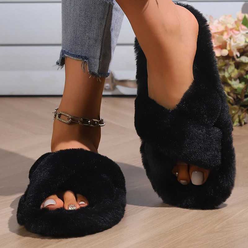ioni Color Block Fur Fuzzy Cross Strap Open Toe Indoor Slides for Women Non Slip Warm Plush House Slippers Y250818
