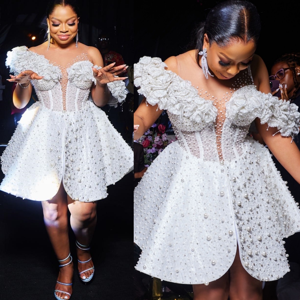 2025 Aso Ebi Plus Size Ivory Mermaid Wedding Dress Sheer Neck Pearls Florals Beaded Short Sequined Bridal Gowns Dresses ZJ0681