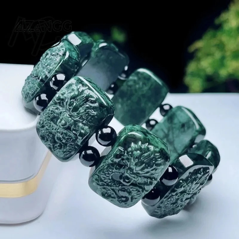 Hand Highgrade Natural Jade Kowloon Protector Carved Dark Green Dragon Powerful Mens Bracelet Lucky Amulet Gift 250801