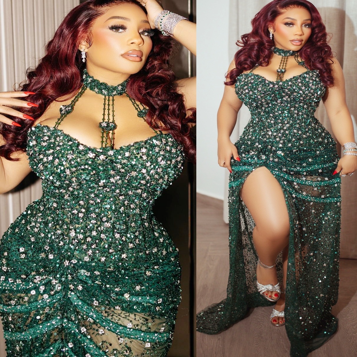 Sheath Dark Green Prom Dresses 2025 Crystals Halter High Split Sequined Evening Formal Party Second Birthday Engagement Gowns Plus Size Dress For Spec