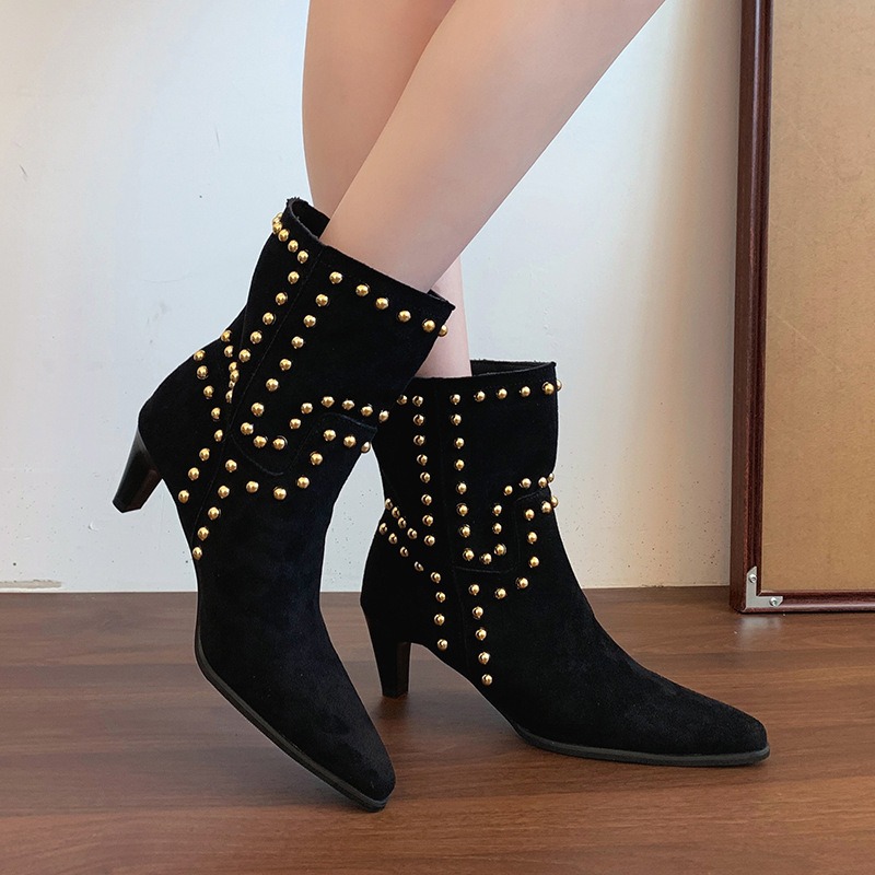 Spring/Autumn 2025 New Retro Women's Shoes Brown Studded Suede Thin Heel Pointed Toe Booties Knight Boots