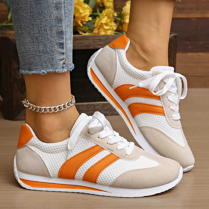 Womens Lightweight Fashion Sneakers Comfort Non Slip Casual Sports Shoes Woman Orange Striped Mesh Breathable Platform Sneakers M250818