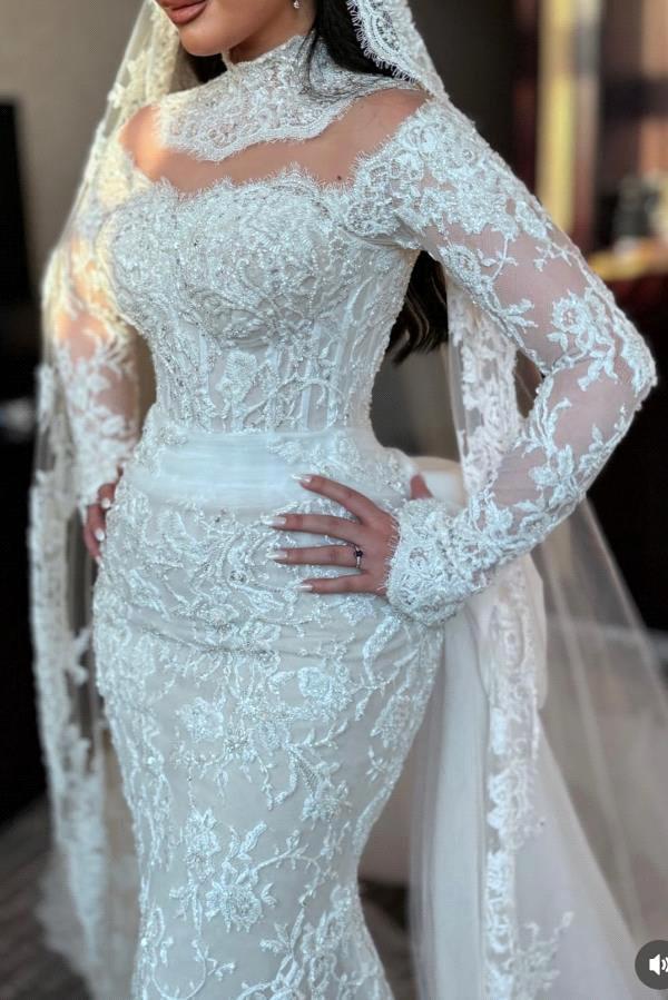 Arabic Dubai Vintage Lace Mermaid Wedding Dresses High Neck Long Sleeves Beaded Appliques Bridal Gowns Custom Made Robes De Mariage Bc20273 B0312