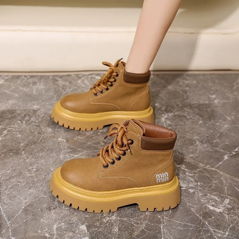 6CM Women Thick Heels Ankle Boots Lace Up Black Chunky Boots Winter Leather Boots Woman Platform Punk Shoes High Heels 250814