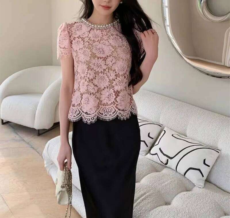 hoodie New Pink Floral Eyelash Lace Women Pearl Decoration Short Sleeve Round Neck Lady Pullover Tops With Lining jacket