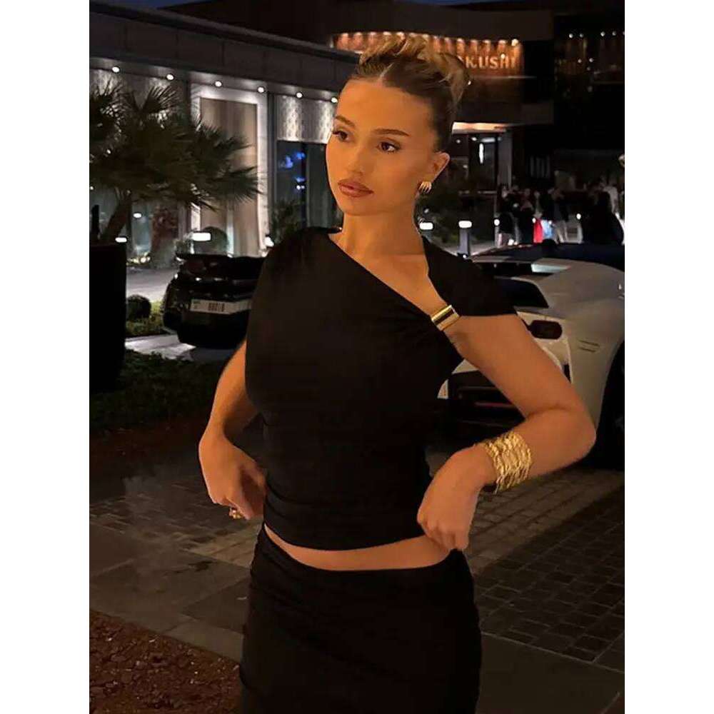 hoodie Women's Top Sexy Metal Knotted Backless One Short Sleeve Irregular Pullover Lady Summer Fashion Chic High Street Outwears jacket