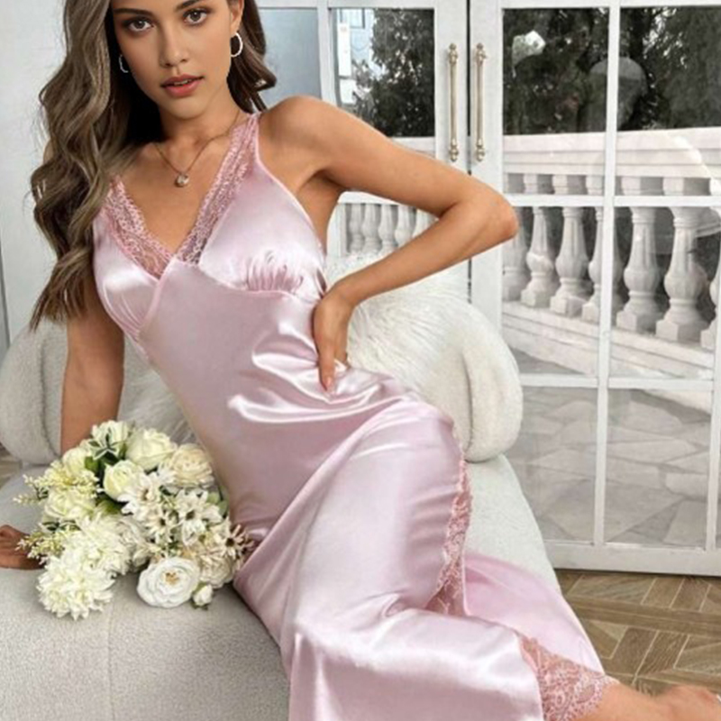 Women's Spring/Summer Silk Satin Sexy Lace Patchwork Backless Slit Strapless Long Dress Nightgown Homewear
