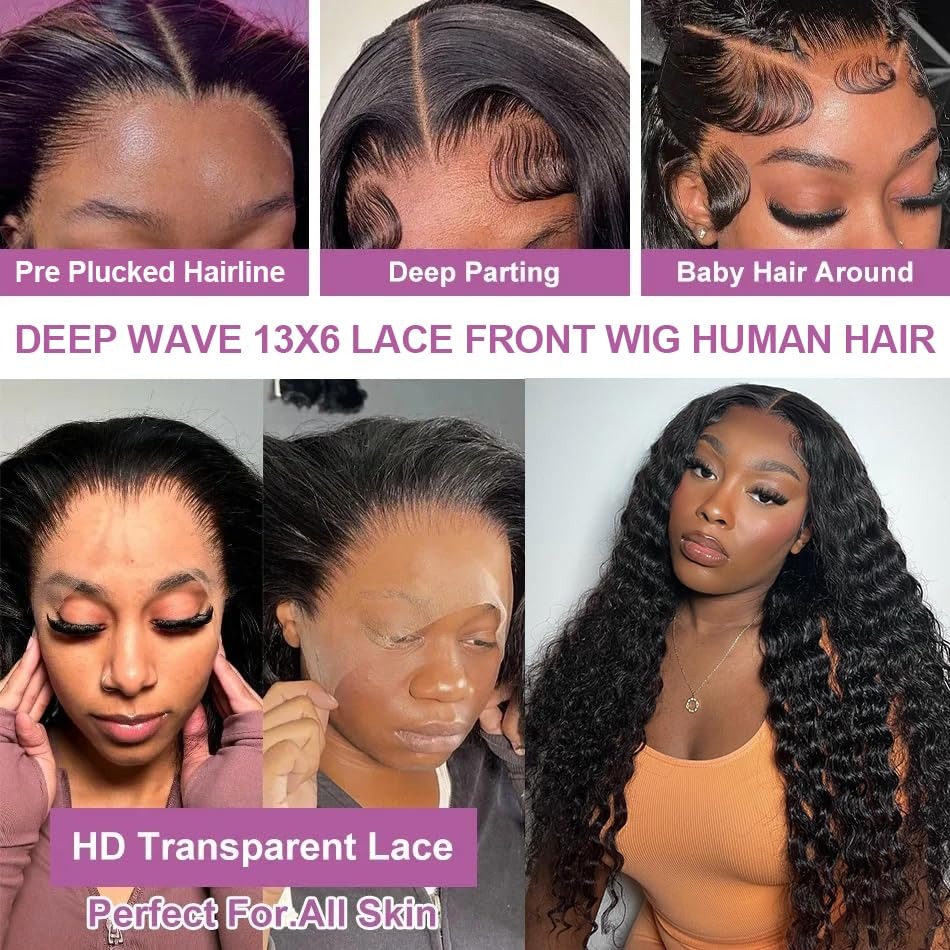 32 Inch 13x6 Deep Wave Lace Front Wigs Human Hair HD Lace Front Wigs Pre Plucked 200 Density Glueless Deep Curly Frontal Wigs for Women