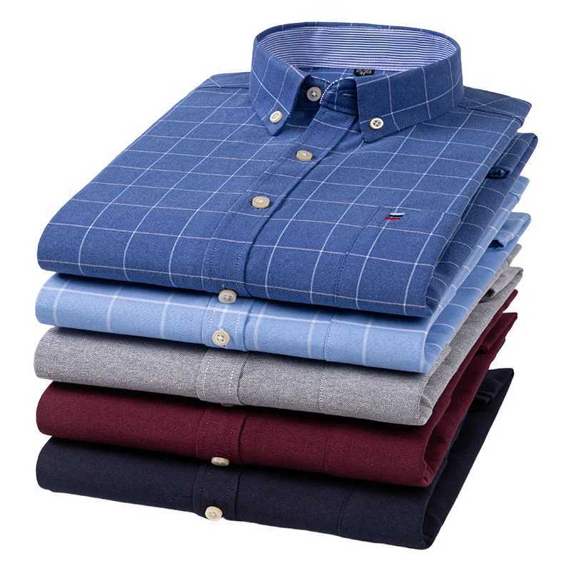 100% Cotton Oxford Mens Shirts Long Sleeves Plaid Soft Regular Fit Formal Dress Shirt Pocket Social Blouse Male Clothes S-7XL Z250818