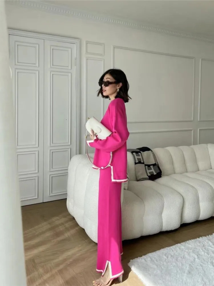 Fashion Color Matching Knitted Pant Sets Women Loose Long Sleeve Knitting Sweater Slit Wide Legs Trousers Two Piece Set Female 250818