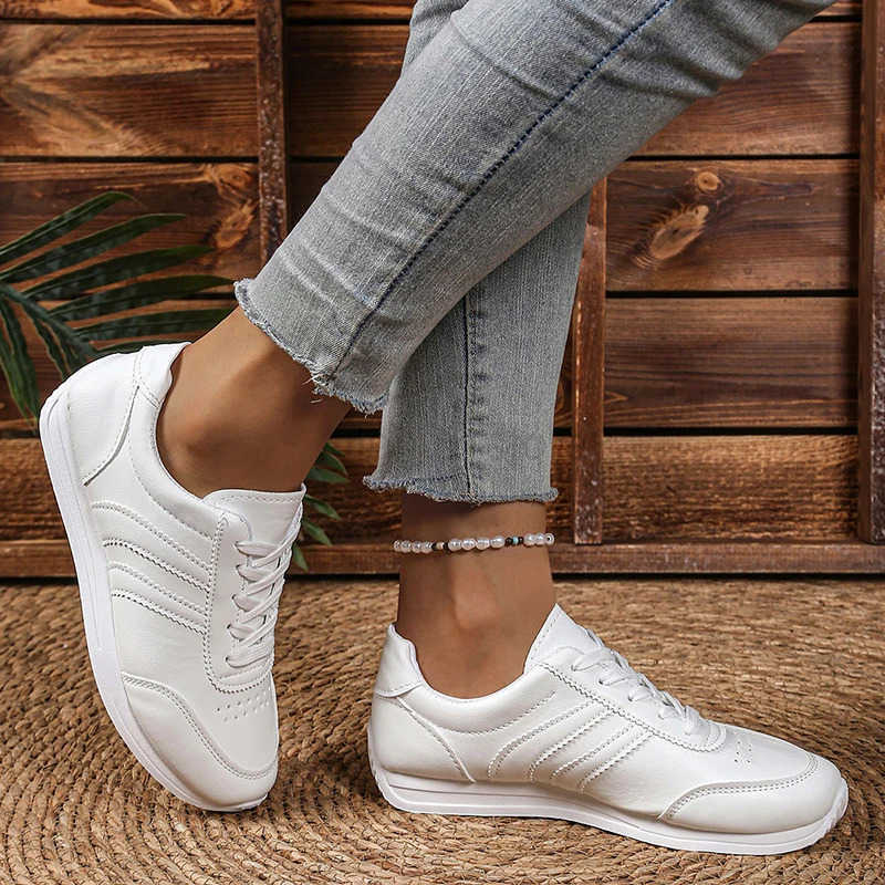 Womens Lightweight Casual Sneakers White PU Leather Comfort Sports Shoes for Women Lace Up Breathable Running Shoes Plus Size M250818 - view 6